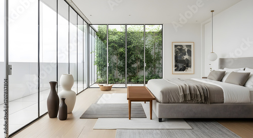 A spacious and modern bedroom with large glass windows overlooking a lush green garden, featuring a comfortable bed and minimalist decor.