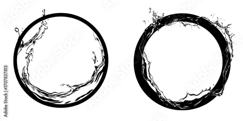 The image features a round shape liquid aqua frame created by a circle water splash, incorporating dynamic motion elements with spray droplets, isolated on a transparent background, suitable for a