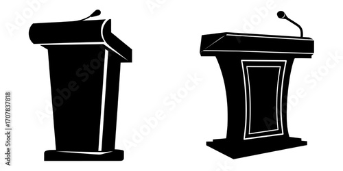 The front side of a black pulpit, podium, or tribune is depicted, complete with a rostrum stand and microphone for use in conference debates, and accompanied by a trophy isolated on a transparent