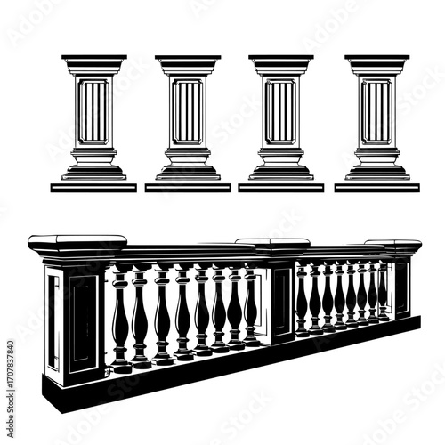Marble balustrades, including white balcony railings or handrails, feature banister or fencing sections with decorative pillars, utilized as panels and balusters in architecture design, presented as