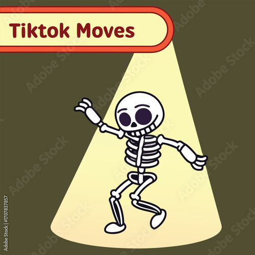 Cartoon skeleton dances merrily in a spotlight, creating a whimsical scene
