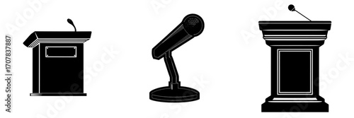 A white podium or tribune is shown from the front, equipped with a microphone, and accompanied by a trophy, all isolated on a transparent background for conference debates