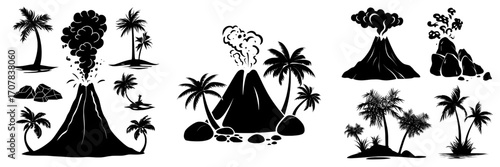 A volcano emitting smoke, surrounded by rocks and palm trees, is set against a white background in a modern cartoon depiction of a volcanic eruption