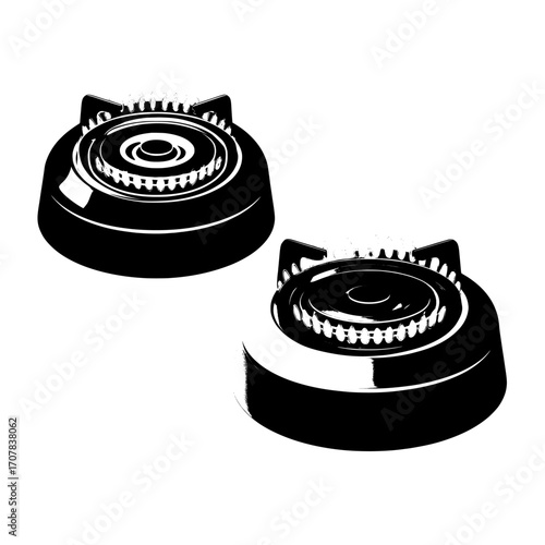 A modern realistic mockup featuring a gas burner with a blue flame and a glowing fire ring on a kitchen stove, burning propane butane in an oven for cooking, is shown in top and side view isolated on
