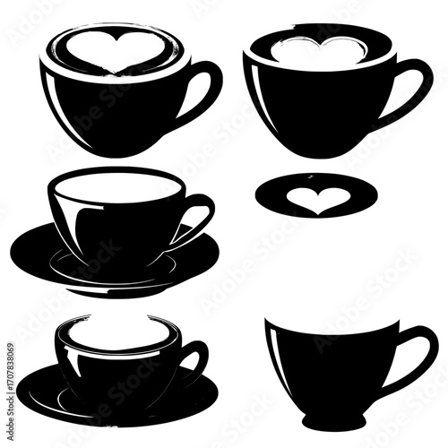 A set of coffee cups viewed from the top, featuring realistic mugs filled with hot beverages and adorned with cream foam in a heart design, including an assortment of black espresso, cappuccino, and