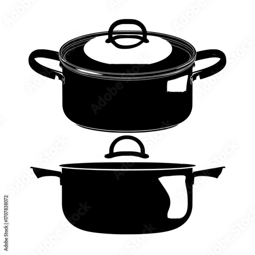 An empty metal saucepan with a lid, a steel pot viewed from the top, and a stainless casserole dish are showcased in isolation on a white background, forming a realistic and modern 3D kitchen utensil
