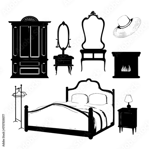 The interior design of a bedroom is showcased in a shabby chic style on a white background, including a bed, nightstand, fireplace, and a hat on a hanger, paired with modern pink furniture in a