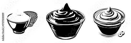 A set of mustard sauce in a bowl is shown from both the top and side, featuring a glass cup with a fresh product and a spicy condiment with a swirl on top, isolated on a transparent background as a