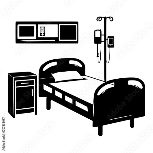 The hospital ward setting includes a bed with adjustable functions, monitoring devices, and a drop counter, accompanied by a set of modern cartoon furniture, comprising a bed, a nightstand, a table,
