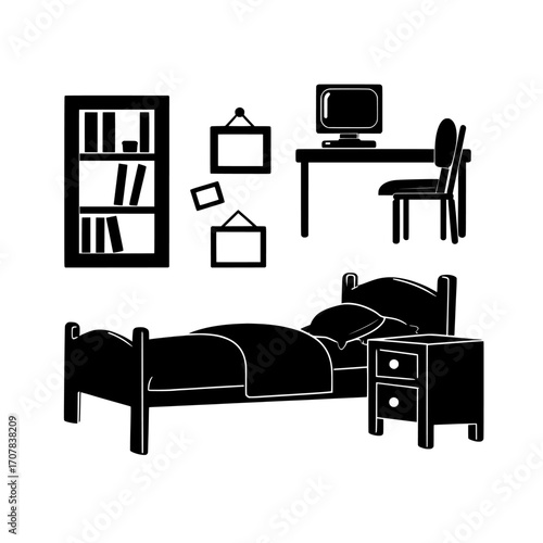 Isolated on a white background is a modern cartoon interior of a teenage girl's bedroom, featuring furniture suitable for a teenager, including an unmade bed, a desk and computer for studying, a