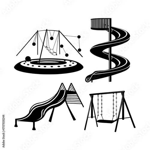 The play park is equipped with a variety of modern cartoon equipment, including an inflatable trampoline, slide, spiral tube slide, ball pit, and swing, all on a white background