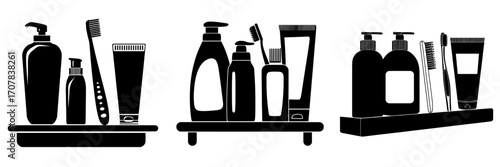 A bathroom shelf is shown with various cosmetic products used for beauty and body care, including a modern cartoon set featuring a shampoo bottle, soap, toothpaste tube, and toothbrush isolated on a