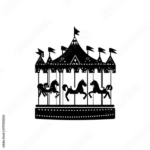A vintage carousel merry-go-round featuring horses is set against a white background, symbolizing amusement park and carnival entertainment for families