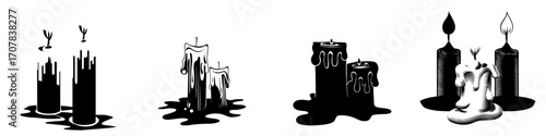 Modern illustration of a burning candle with wax that is dripping or flowing, featuring yellow candles with a golden flame and melted wax isolated on a transparent background, ideal for a church or