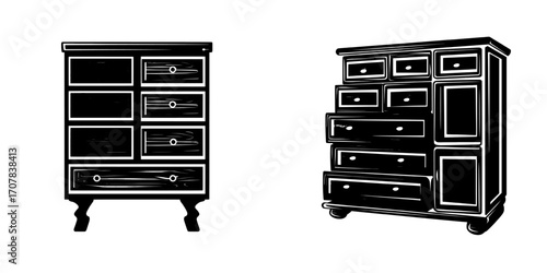 A modern cartoon illustration of a bedroom furniture dresser is depicted, featuring elements suitable for a home living room or office interior, including a brown wooden chest of drawers for storage