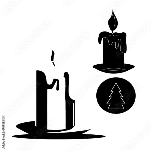 Modern illustration of a burning candle with realistic dripping wax and a golden flame, alongside an extinguished candle with melted wax, all on a transparent background, part of a church Christmas