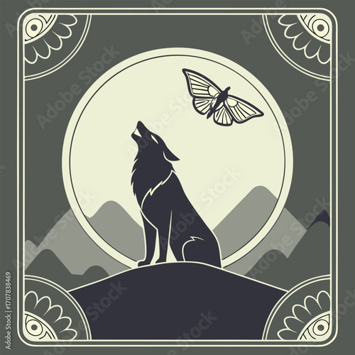 Monochrome shows a wolf howling at the moon with a butterfly above it