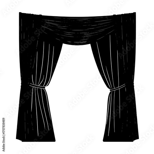 Open red silk fabric curtains are illustrated in a realistic modern style, showcasing velvet drapery for use on theatrical stages, during presentations, or at award ceremonies, all isolated on a