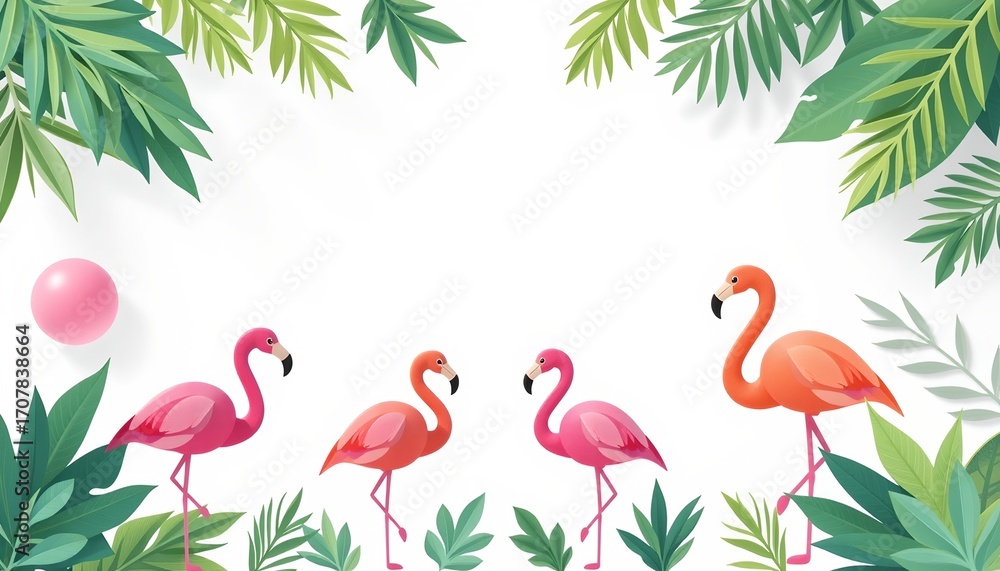 Obraz premium Vibrant illustration of pink flamingos amidst lush green foliage, evoking a tropical paradise