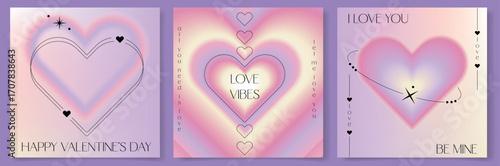 Happy Valentine's Day square posters set. Trendy aesthetic templates with gradient blurred backgrounds. Modern designs for social media posts and greeting cards. Minimal blur y2k design