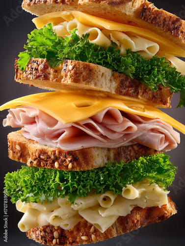 Triple-decker sandwich with ham, cheddar, curly lettuce and rolled cheese slices on seeded rustic bread, stacked vertically with vibrant textures and appetizing layers
