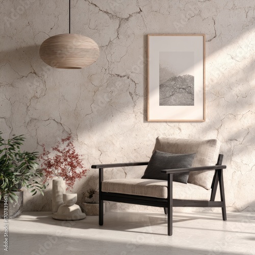 A minimalist living room scene featuring a light-toned wooden pendant light, a framed monochrome print, a stylish armchair with linen upholstery, and various indoor plants.