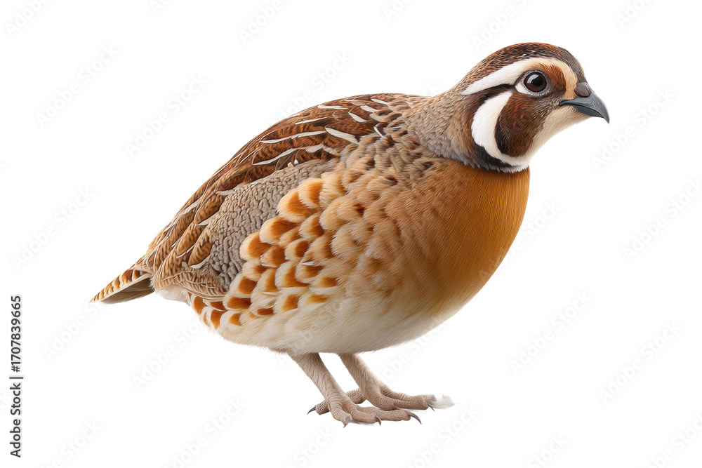 Fototapeta premium Close-up of a colorful quail with distinctive plumage on black background, cut out