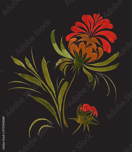 Vector floral composition from hand painted fantasy flowers on a black background