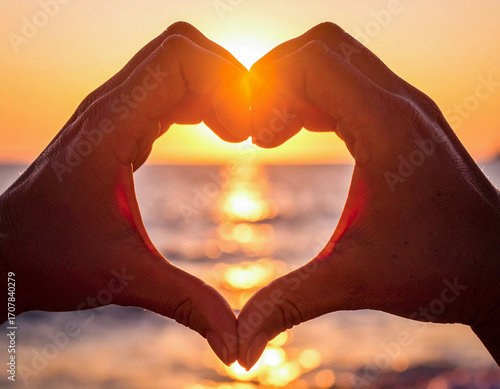 Manos formando un corazón en contraluz al atardecer con reflejo dorado en el agua simbolizando amor unión esperanza y romanticismo en una escena serena y emotiva