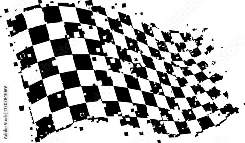 Dynamic checkered flag waves with energetic abstract disintegration for racing victory celebration