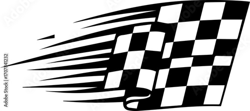 Dynamic checkered flag racing ahead with speed lines capturing victory motion