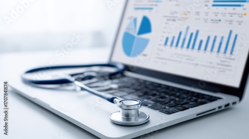 Stethoscope resting on a laptop displaying health data charts and graphs, symbolizing the integration of technology in healthcare and medical analysis for improved patient outcomes