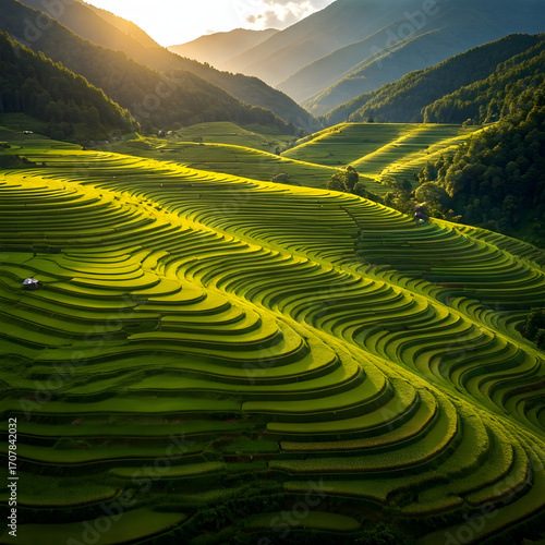 Green Rice Terraces in Northern Vietnam Agricultural Landscape