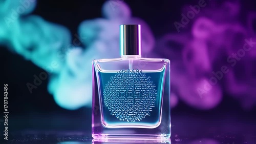 Close-up of a perfume bottle, vibrant neon colors, smoky background