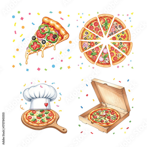 Vibrant watercolor illustrations of Italian pizza for a festive celebration, featuring a single slice, a whole pie in a box, and a chef's hat