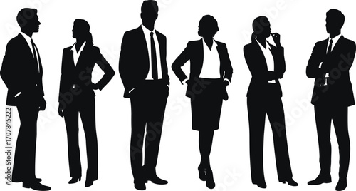 Silhouettes of diverse business professionals standing in formal attire, corporate team concept, confident office workers, modern workplace diversity and teamwork