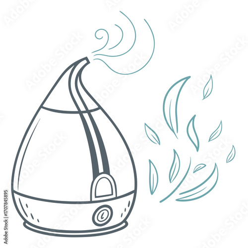 A simple line drawing of a humidifier releasing mist and leaves
