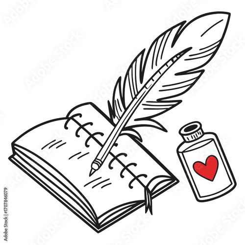 Hand drawn illustration of a quill pen on an open notebook with an inkwell