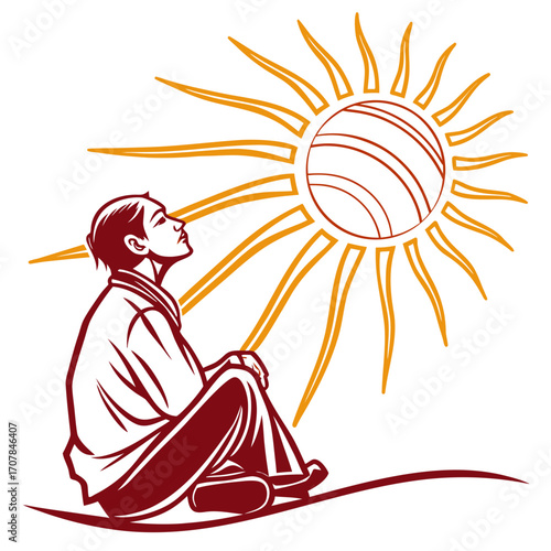 Person sitting and looking up at the sun with rays of light