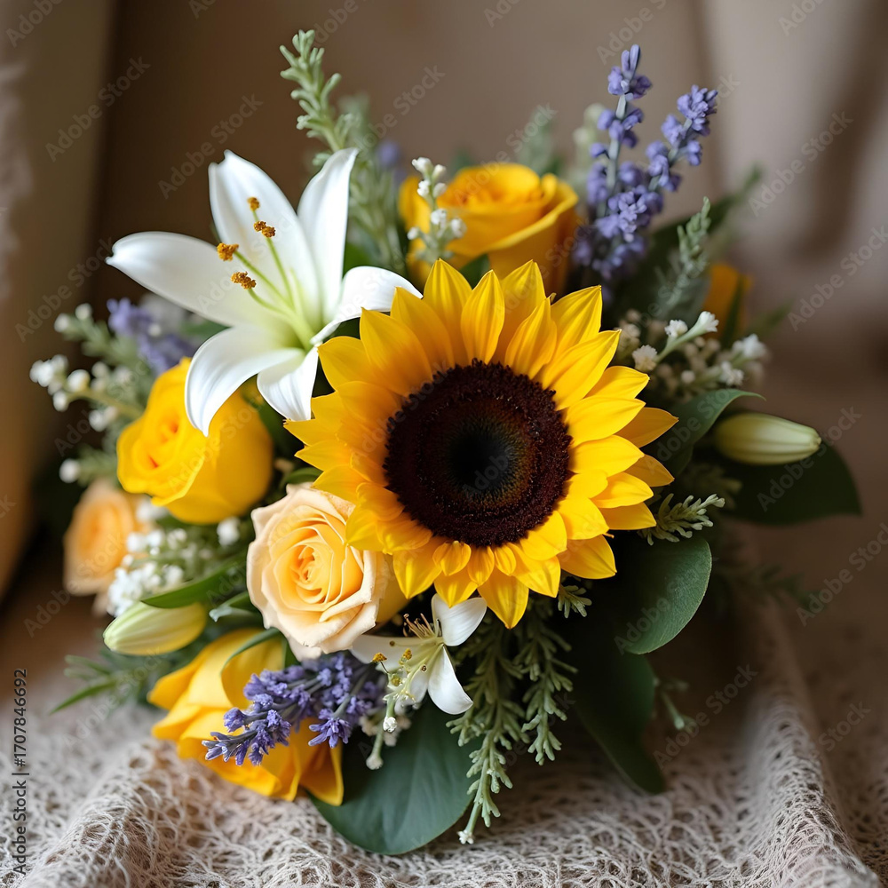 Fototapeta premium Rustic wedding bouquet featuring bold sunflowers, bright yellow roses, and delicate white flowers, surrounded by lush greenery, creating vibrant and cheerful arrangement