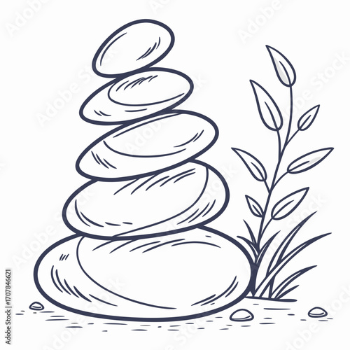 Stacked zen stones with a delicate plant and grass illustration
