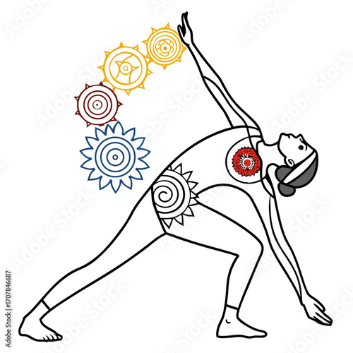 Yoga pose with chakra symbols representing energy centers