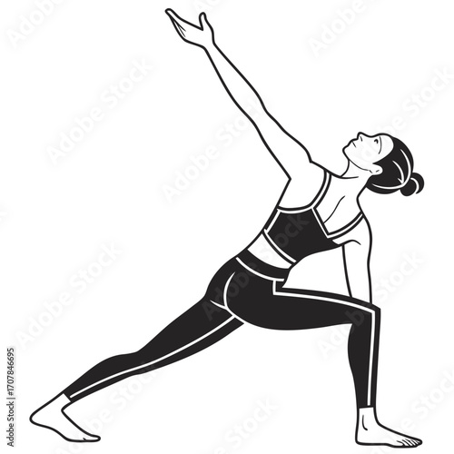 Woman practicing yoga in a side angle pose with arm extended upwards