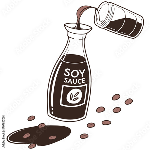 Soy Sauce Bottle With Spilled Sauce And Beans On White Background Keywords: soy sauce, bottle, pouring