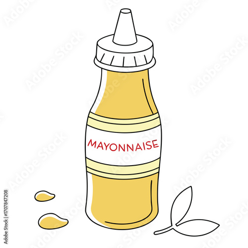 Squeeze Bottle of Mayonnaise with Drips and Leaves Keywords: mayonnaise, sauce, condiment, dressing, creamy