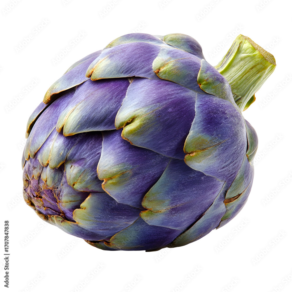 Fototapeta premium A single, vibrant purple artichoke sits isolated on a crisp white background, showcasing its unique texture and form