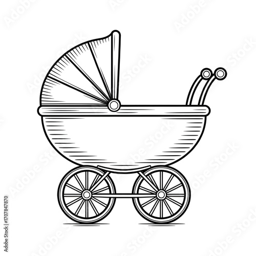 Baby Pram Stroller Illustration – Infant Baby Carriage, Pushchair, Travel, Baby Transport, Nursery Coloring page