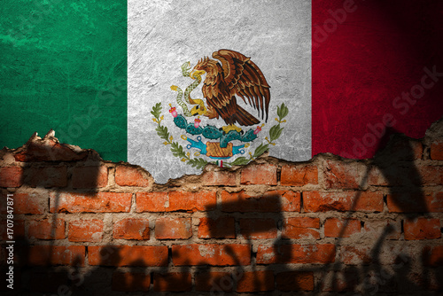 Mexico flag painting on brick wall and Protesters shadow