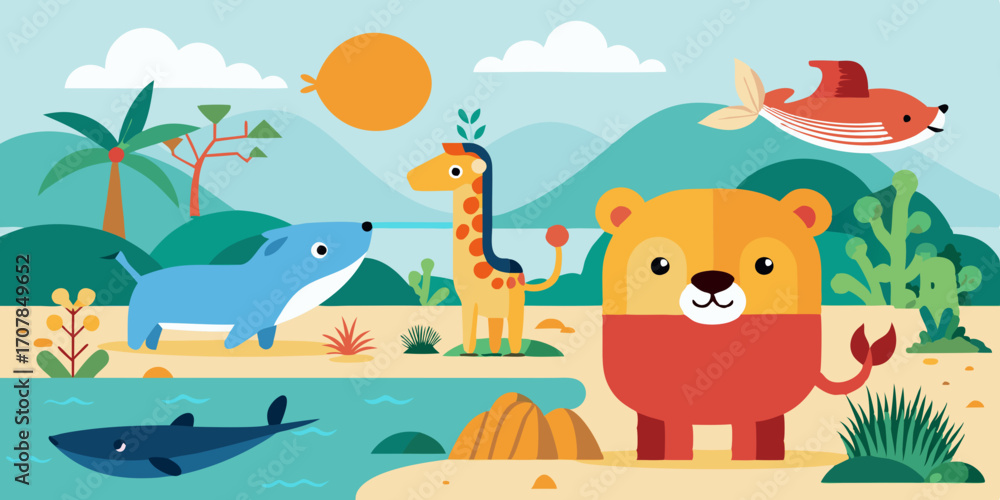 Fototapeta premium Set of Cute Wild Animal Characters in Natural Habitats with Lion in Savannah and Whale in Ocean
