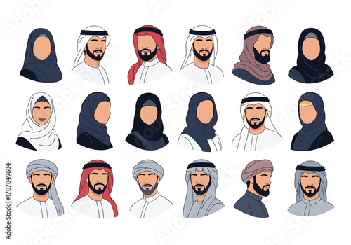 Diverse collection of modern Middle Eastern men and women in traditional attire, perfect for cultural content.